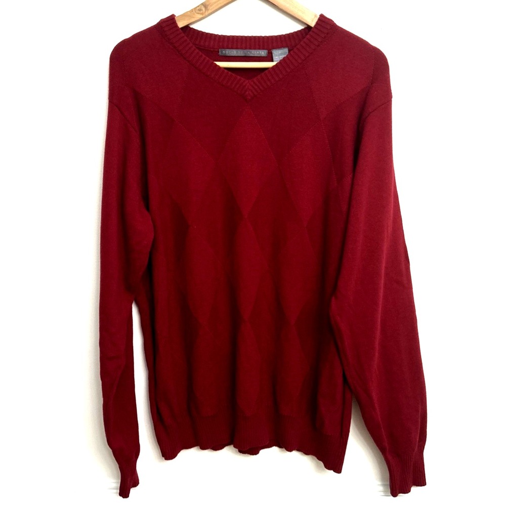 Oscar De La Renta Sweater Mens L Red Knit V-Neck Diamond Pattern Cotton